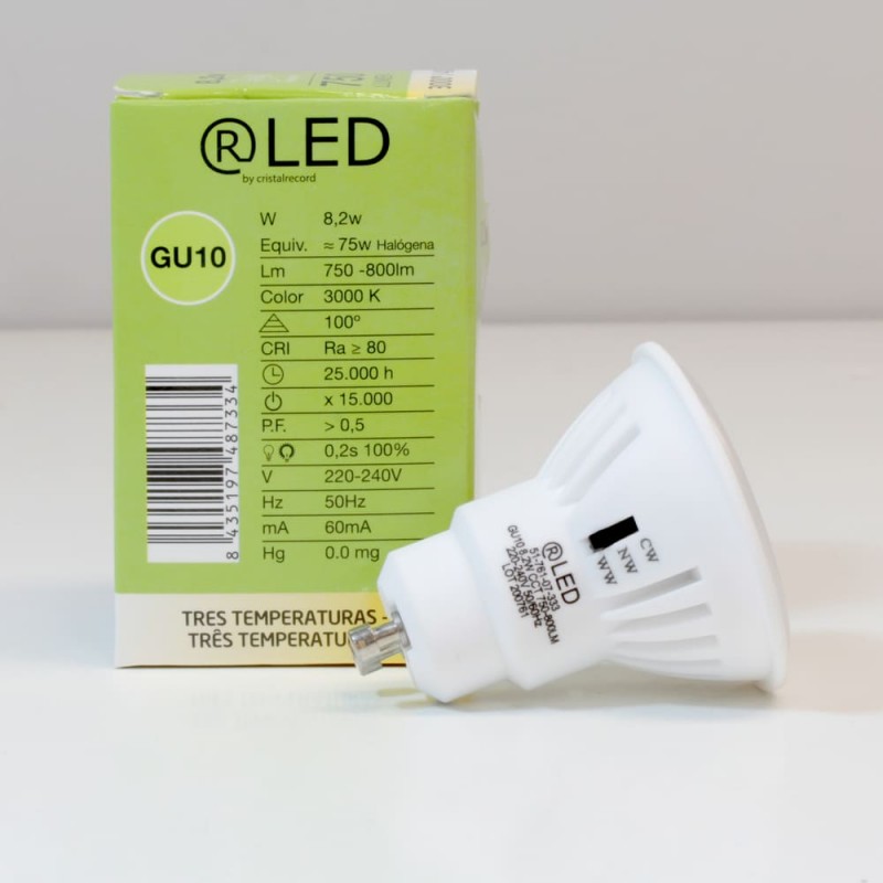 Bombilla GU10 8.2W CCT con switch con su caja de producto