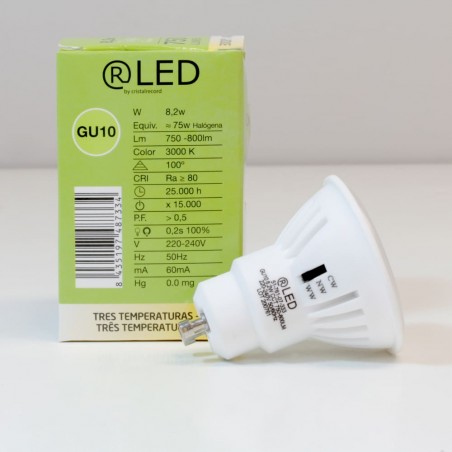 Bombilla GU10 8.2W CCT con switch con su caja de producto