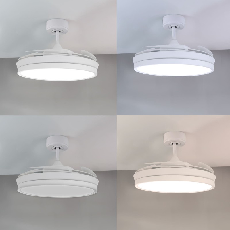 Ventiladores DC Areca blanco Led 48W CCT con las distintas temperaturas de encendido.