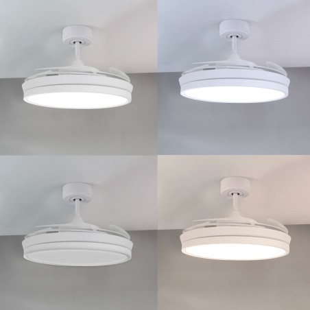 Ventiladores DC Areca blanco Led 48W CCT con las distintas temperaturas de encendido.