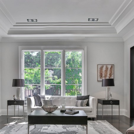 Sala de estar con empotrable helium nregro y aluminio dos luces