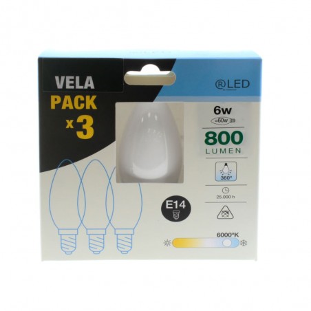 Pack of 3 LED Bulbs C37 Milky E14 6W 6000K