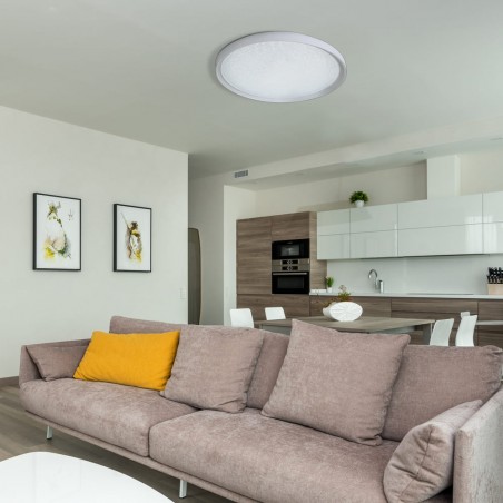 Salón moderno decorado con Plafón LED Dimable Gloss 40W 3 CCT 2800Lm Blanco Redondo