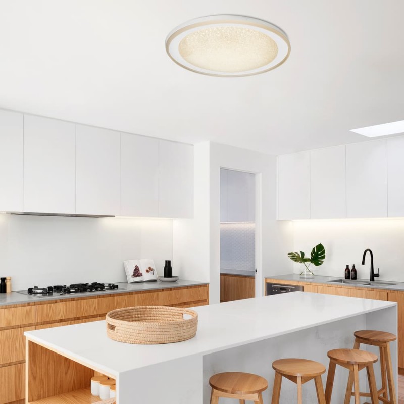 Cocina diáfana con mesa de comedor decorada con Plafón LED Dimable Gloss 40W CCT, Blanco Óvalo