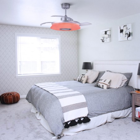 Dormitorio juvenil decorado con Ventilador DC Gaby LED RGB-CCT y Altavoz encendido luz roja