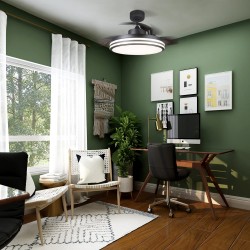 Dormitorio decorado con  Ventilador DC Louis - 35W color negro encendido iluminación