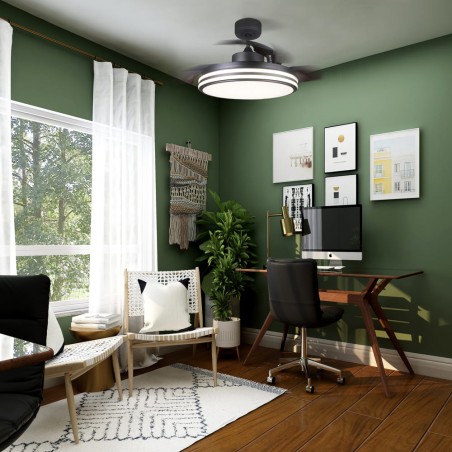 Dormitorio decorado con  Ventilador DC Louis - 35W color negro encendido iluminación