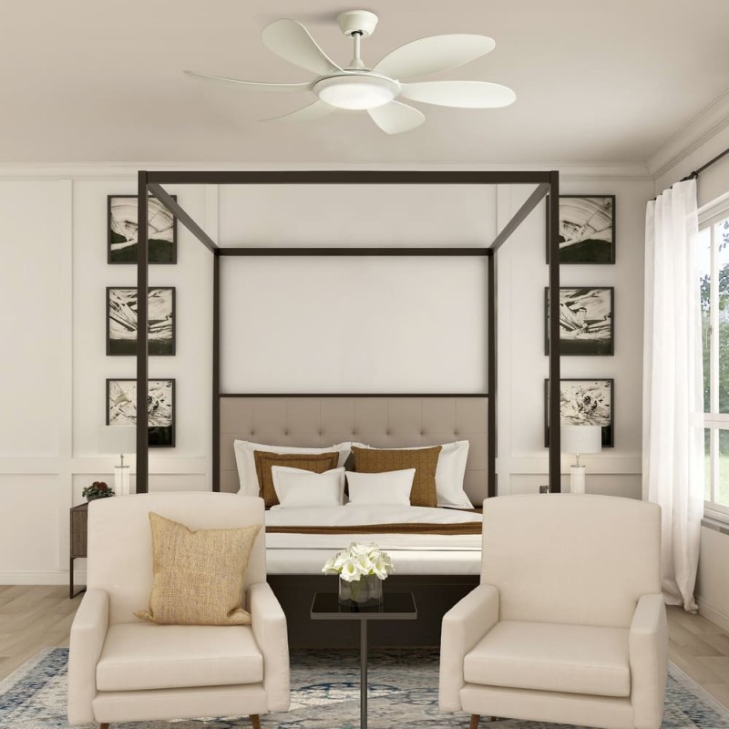 Dormitorio moderno y elegante decorado con ventilador LED Tanik Blanco encendido con luz neutra