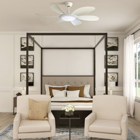 Dormitorio moderno y elegante decorado con ventilador LED Tanik Blanco encendido con luz fría
