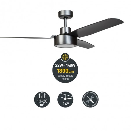 Ventilateur DC Cimio LED 22W 3CCT Acier titan Installation facile
