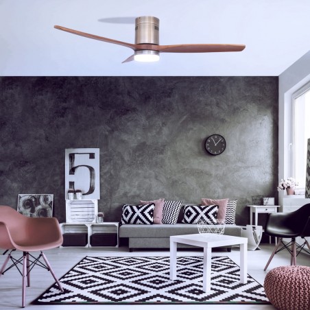 Sala de estar moderna decorada con Ventilador DC Yen madera oscura Led 15W CCT encendido con luz fría
