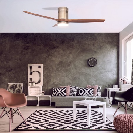 Sala de estar moderna decorada con Ventilador DC Yen madera oscura Led 15W CCT encendido con luz cálida