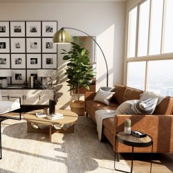 Salón decorado con Lámpara de pie Noova oro viejo 1xE27