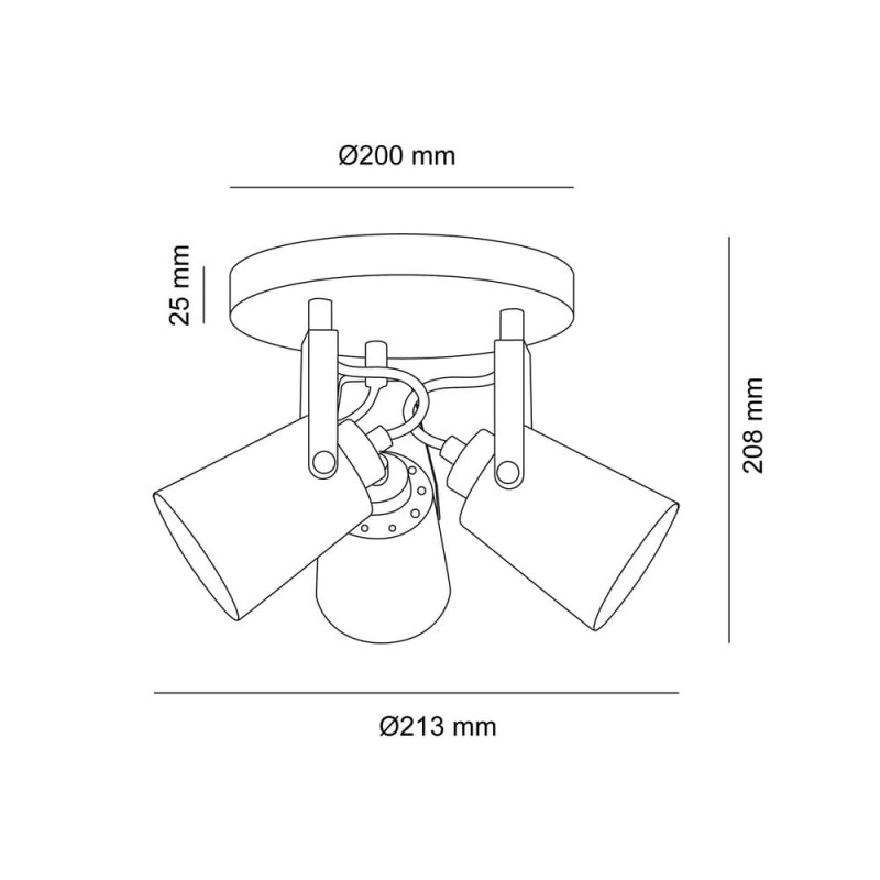 Cota con las dimensiones del Plafón Dera redondo con tres focos