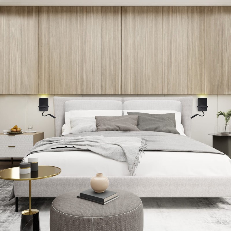 Dormitorio moderno decorado con Aplique LED Rob2 5W+3W USB y cargador wireless encendido