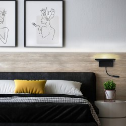 Habitación moderna decorada con el Aplique LED Rob2 5W+3W USB y cargador wireless luz principal encendida