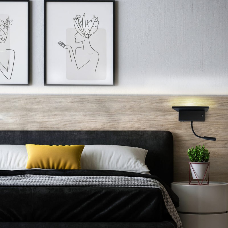 Habitación moderna decorada con el Aplique LED Rob2 5W+3W USB y cargador wireless luz principal encendida