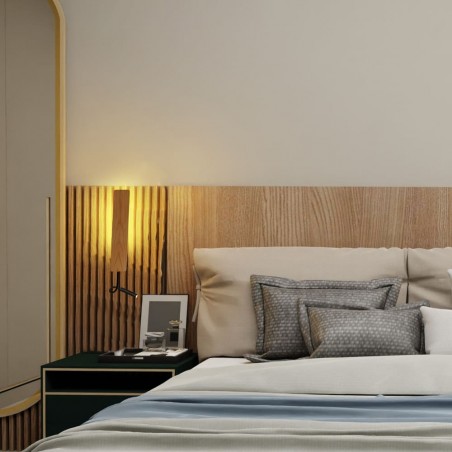 Dormitorio moderno decorado con el Aplique LED Madera Renoir 5W+3W USB