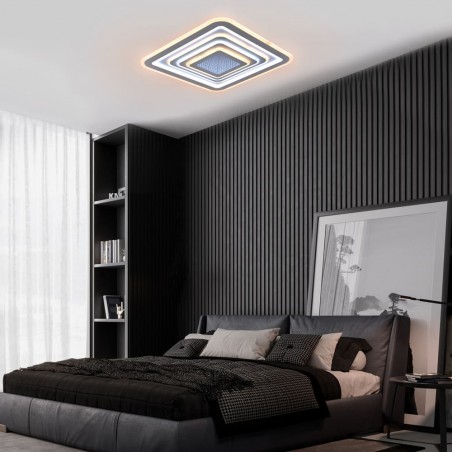 Dormitorio moderno decorado con Plafón Smart Otie 2 135W 3CCT regulable encendido con iluminación combinada en tono cálido