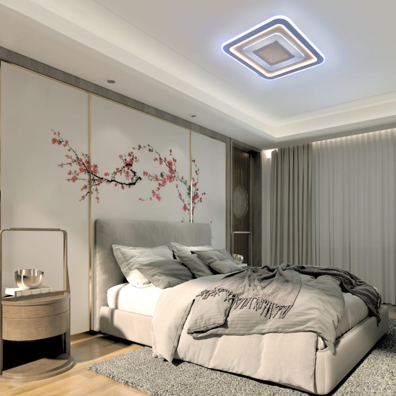 Dormitorio decorado con el Plafón Smart Otie 3D 90W 3CCT regulable encendido con iluminación combinada en tono frío