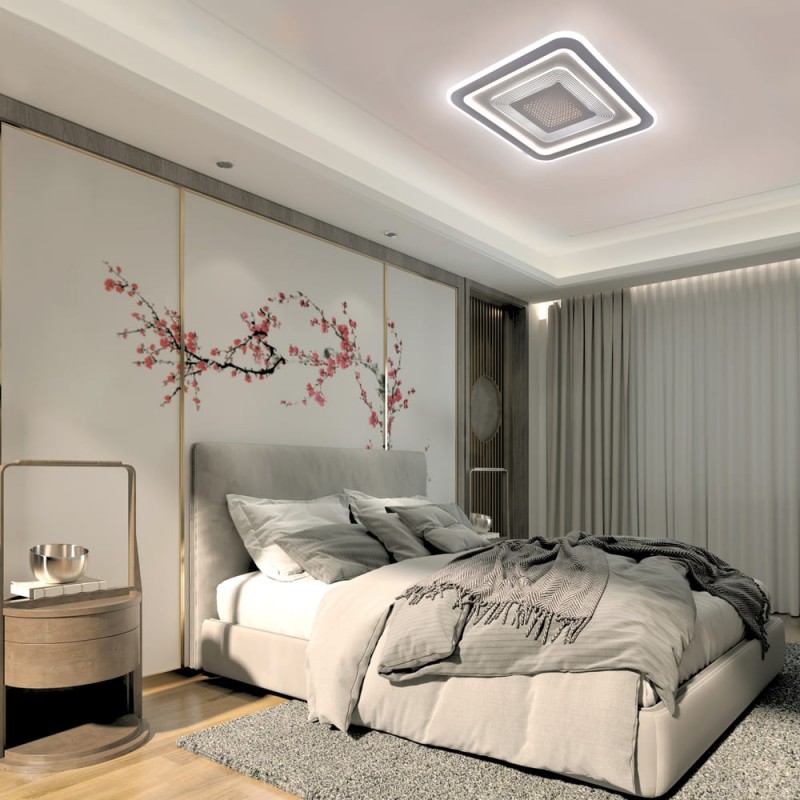 Dormitorio decorado con el Plafón Smart Otie 3D 90W 3CCT regulable encendido con iluminación combinada en tono neutro