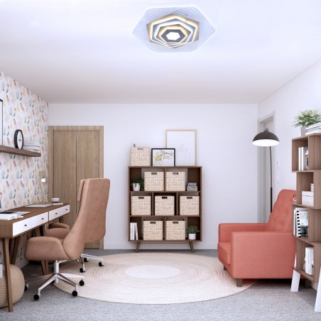 Sala de estar decorada con el Plafón Smart Ara 90W 3CCT regulable encendido con iluminación combinada en tono de luz fría