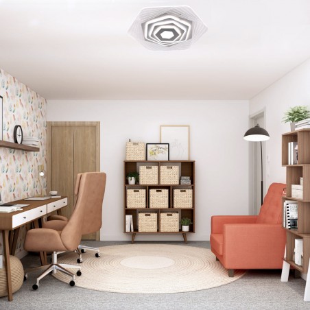 Sala de estar decorada con el Plafón Smart Ara 90W 3CCT regulable encendido con iluminación combinada en tono de luz neutra