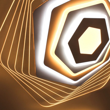 Detalle del  Plafón Smart Ara 90W 3CCT regulable encendido con iluminación combinada en tono de luz cálida