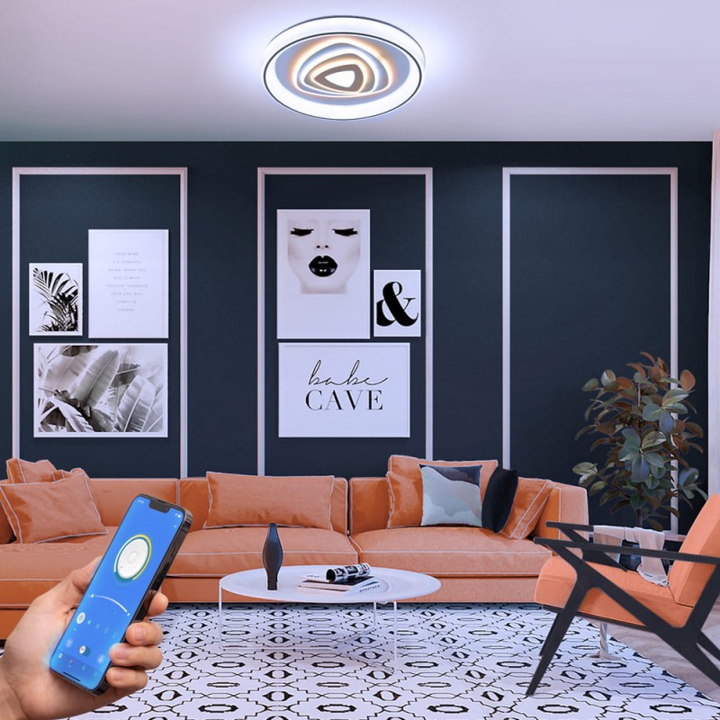 Salón decorado con Plafón Smart Saren encendido con iluminación combinada con  tono de luz frío