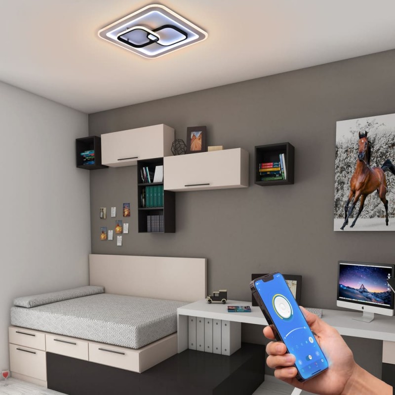 Dormitorio infantil decorado con Plafón Smart Penn encendido con tono de luz cálido y controlado desde un móvil