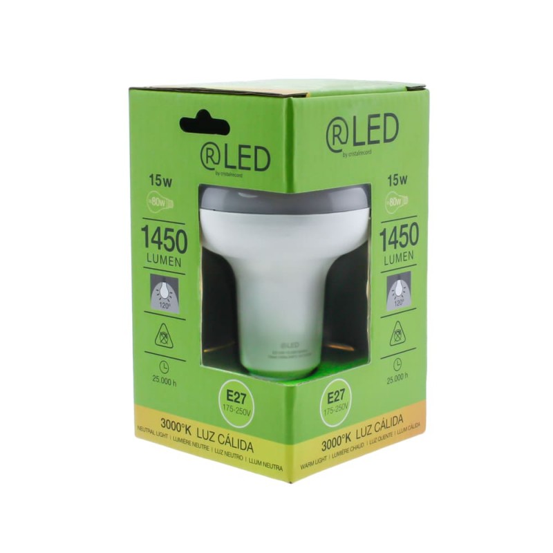 Bombilla LED R90 E27 15W 3000K dentro de su caja