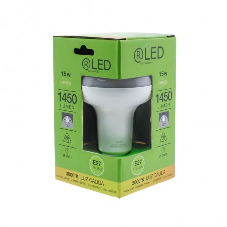 Bombilla LED R90 E27 15W 3000K dentro de su caja