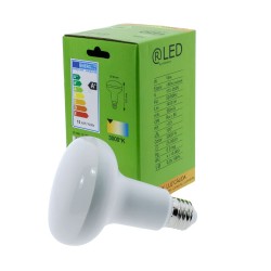 Bombilla LED R90 E27 15W 3000K al lado de la caja