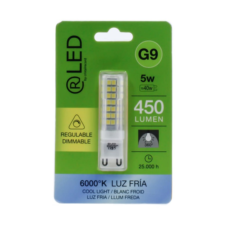 Bombilla LED G9 5W 450lm 6000K dimmable en su caja