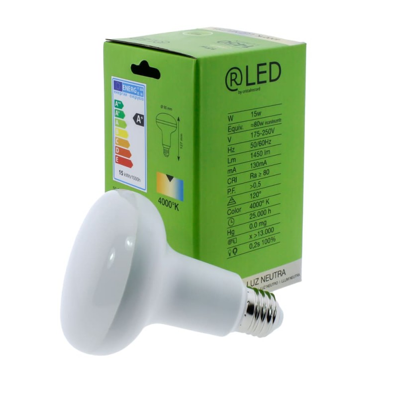 Bombilla LED R90 E27 15W 3000K al lado de su caja