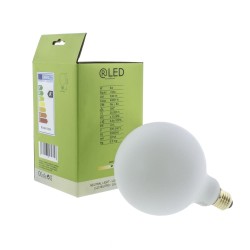 Bombilla LED G95 6W 4000K dimmable al lado de su caja