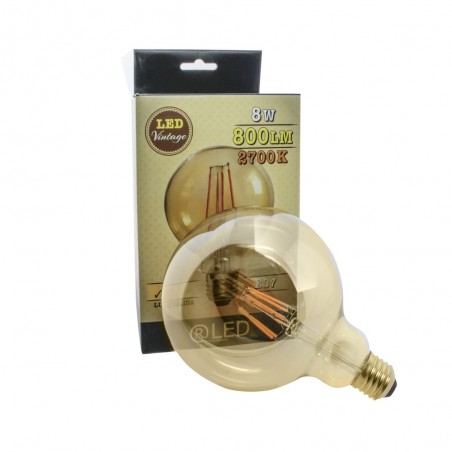 Bombilla LED G125 8W 2700K caramelo y su caja