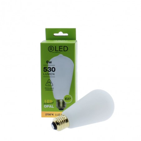 Bombilla LED ST64 6W 2700K dimmable al lado de su caja