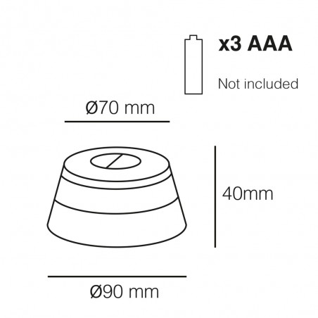 Cota con las medidas de la Baliza magnética led de emergencia y su funcionamiento con 3 pilas AAA.